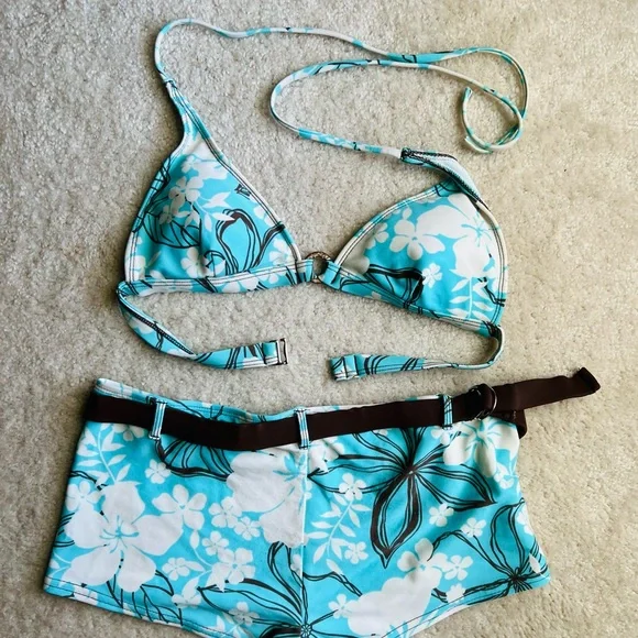 Floral Blue, White & Brown Bikini Shorts Set - Picture 1 of 4